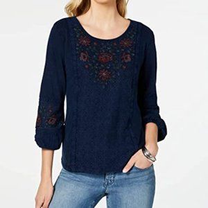 Style & Co Women's Embroidered-Panel Peasant Top Navy Size Large